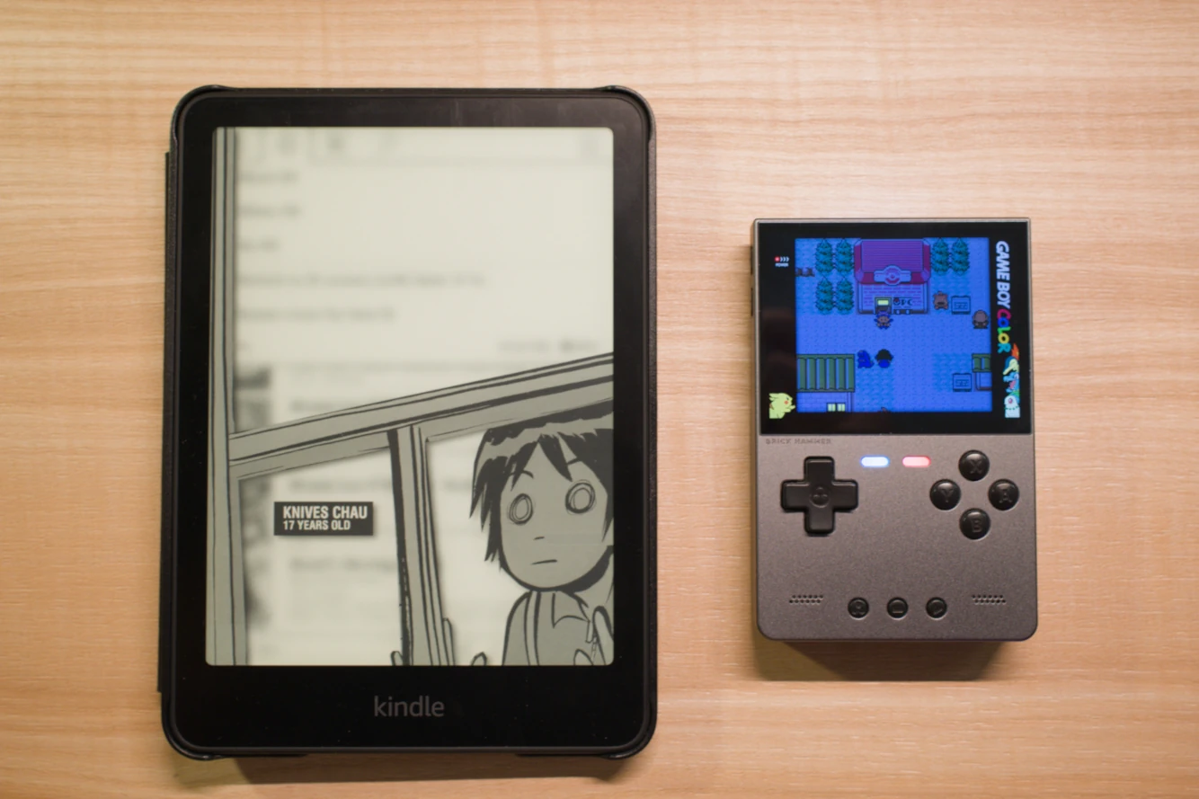 My Kindle Paperwhite running KOReader and my TRIMUI Brick Hammer playing Pokemon - Polished Crystal