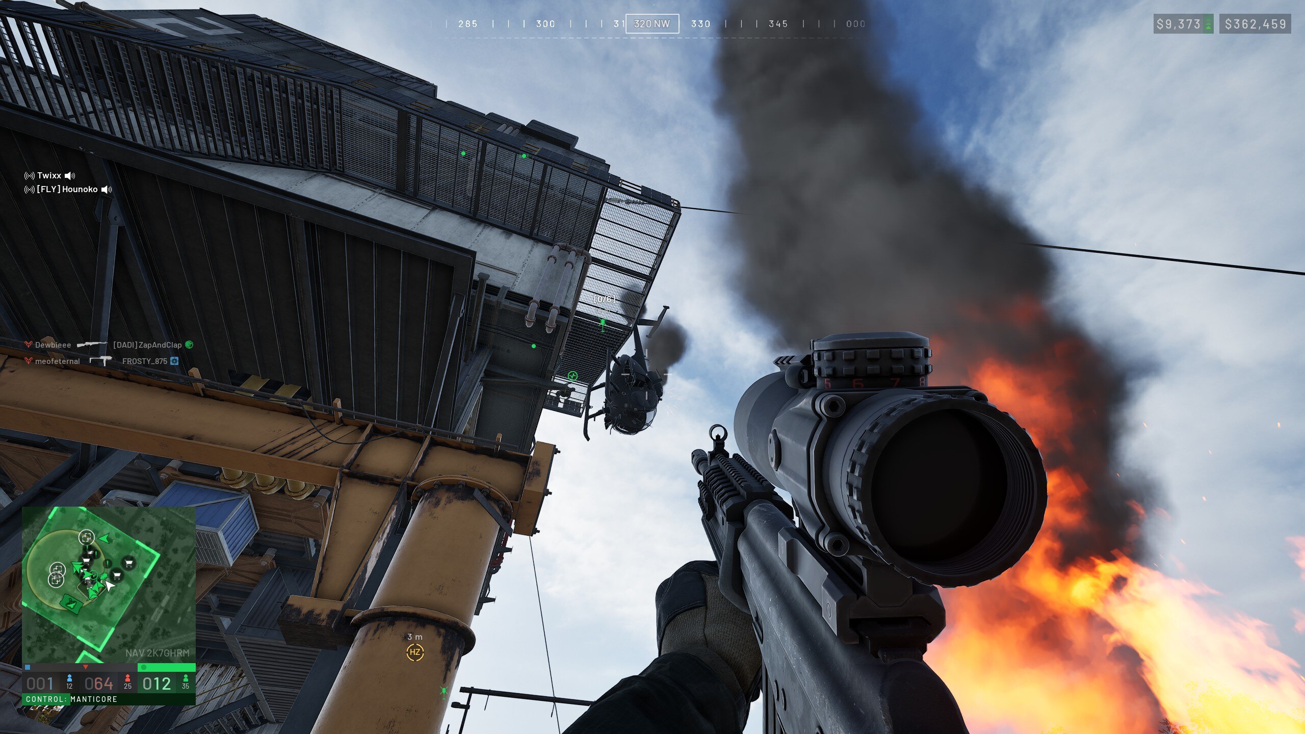 A helicopter hanging from the railing of a tower with the downed pilot next to it